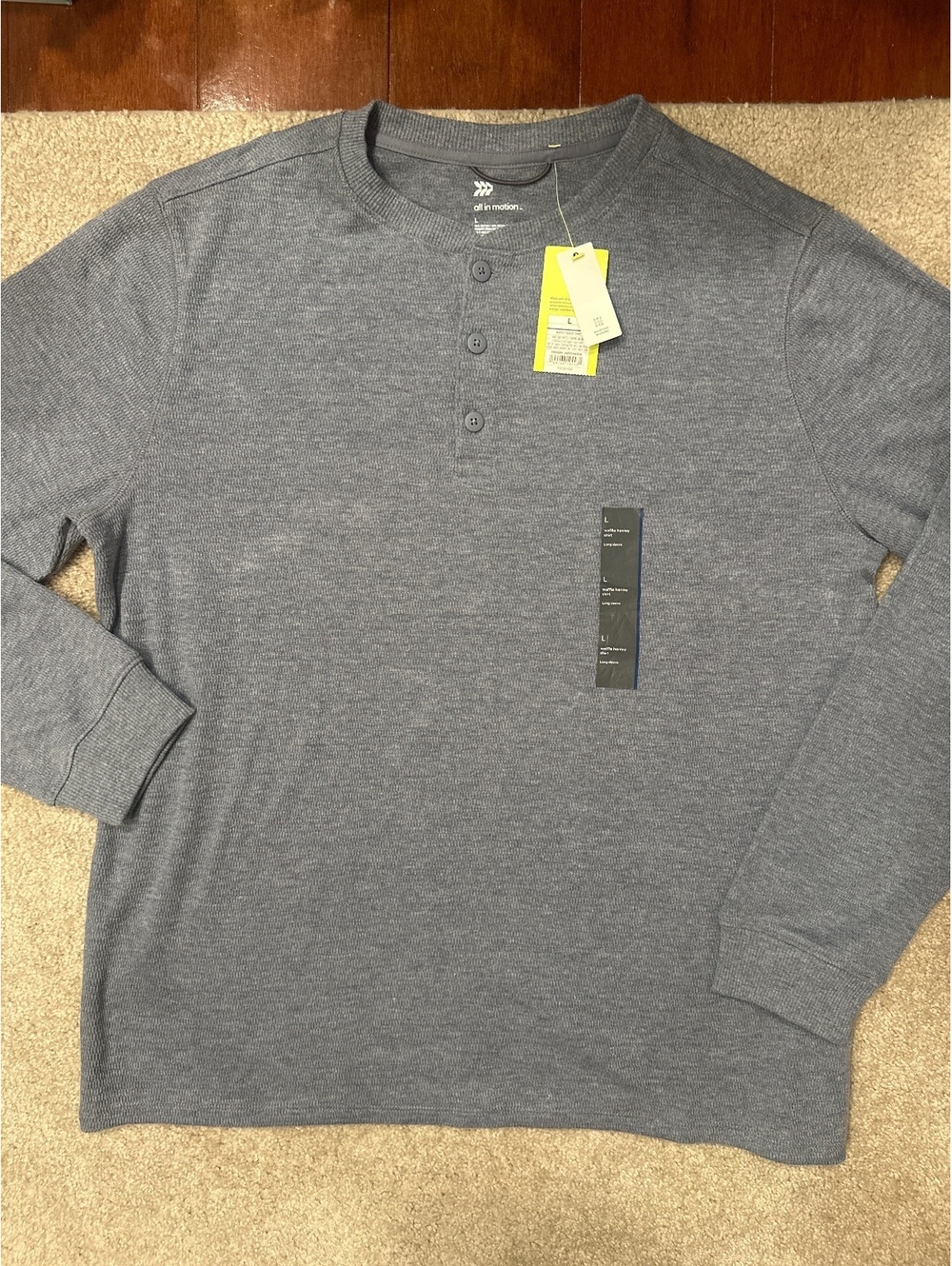 (4)All in Motion Men's Waffle Henley Shirt Long Sleeve Large Dark Blue